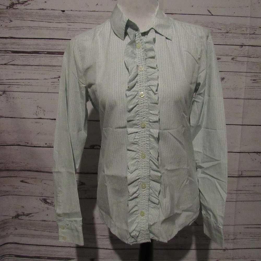 Banana Republic green/white/gray tuxedo ruffle top